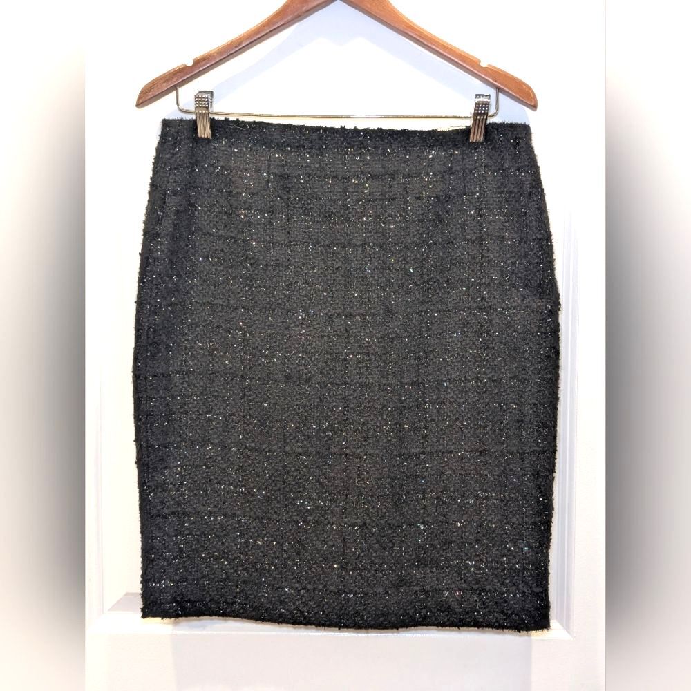Black Sparkle Bouclé Pencil Skirt Size 6 Metallic Wedding Guest Cocktail Party - Picture 4 of 9
